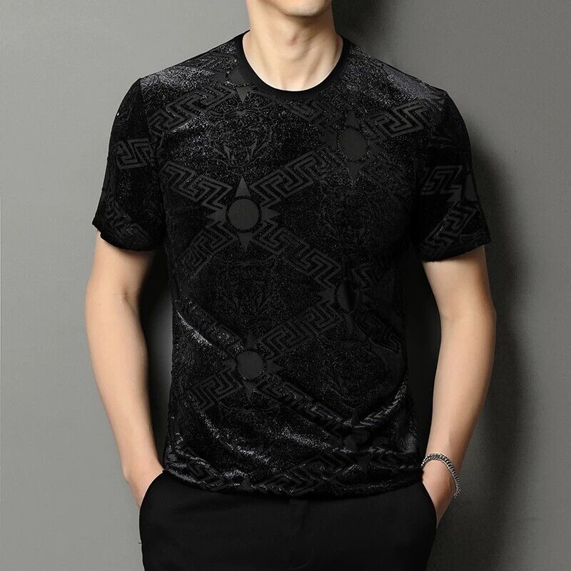 New Men Fashion Bronzing Flocking Trend Silky Velvet Summer Short Sleeve T-Shirt