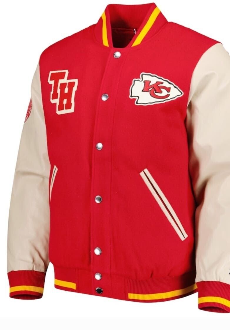 NFL Men's Red Kansas City Chiefs Varsity Jacket With Leather Sleeves